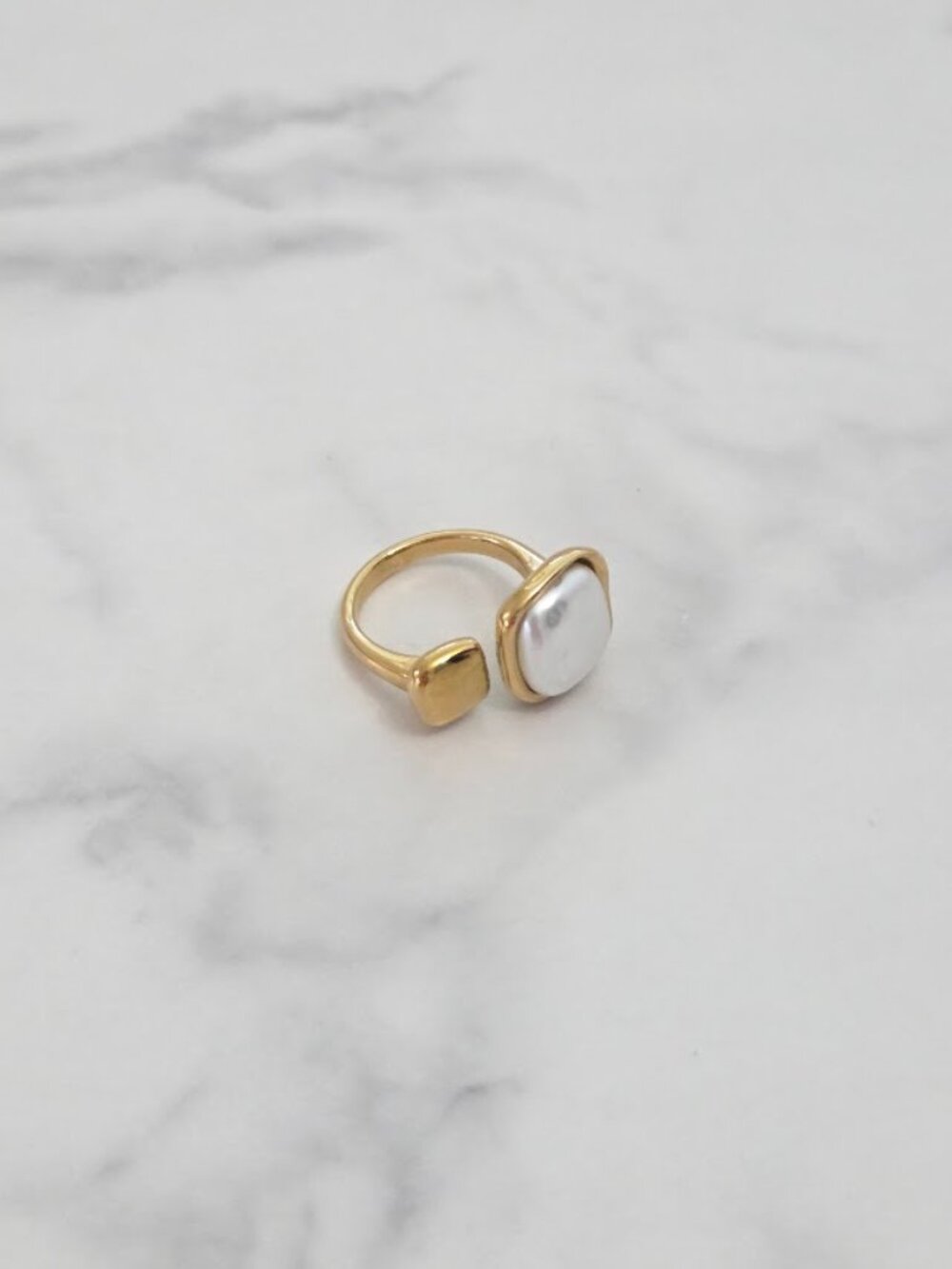 Gold Tone Square Pearl Chunky Open Cuff Statement Ring - Picture 2 of 5
